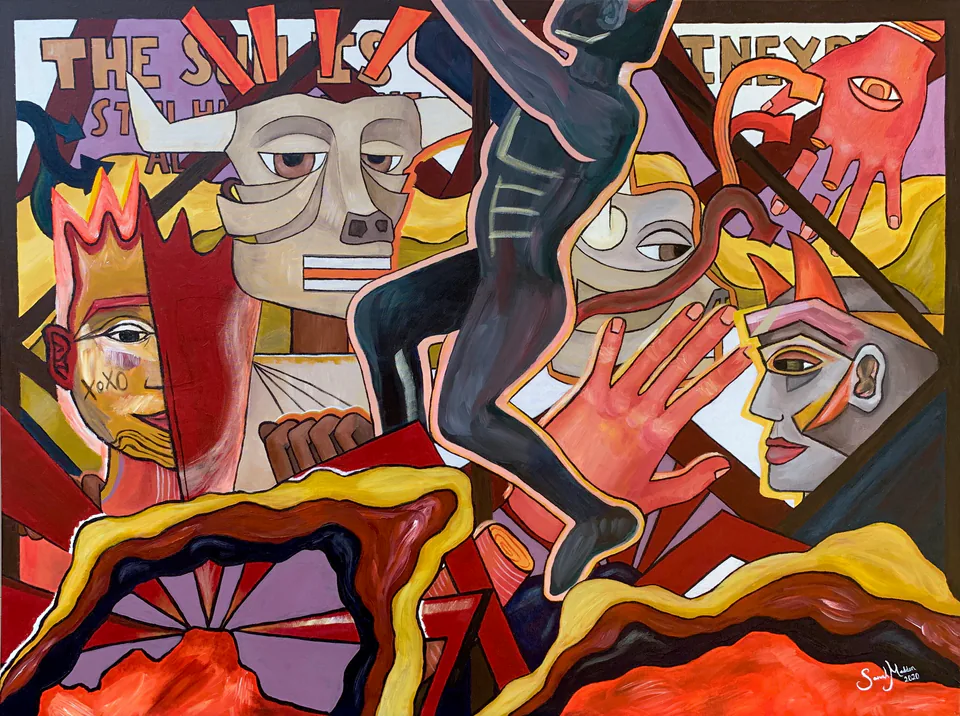 A crowded composition of stylized faces and reaching hands in red, orange, yellow and purple, with fragments of lettering across the top.