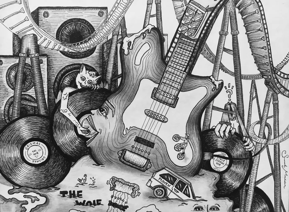 A dense black-and-white drawing packed with music and machinery — an electric guitar, vinyl records, a speaker cone and rollercoaster track — with the words "THE NOISE" worked into the lower edge.