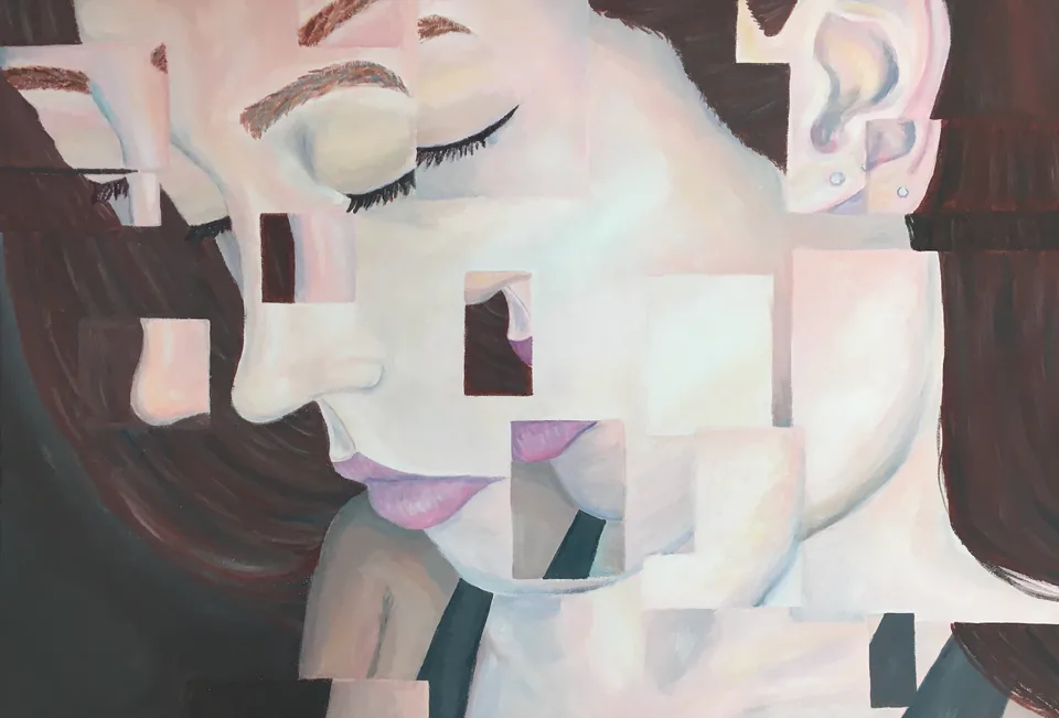 A self-portrait in profile, eyes closed, the face dissolving at its edges into pale rectangular blocks of pink and grey.