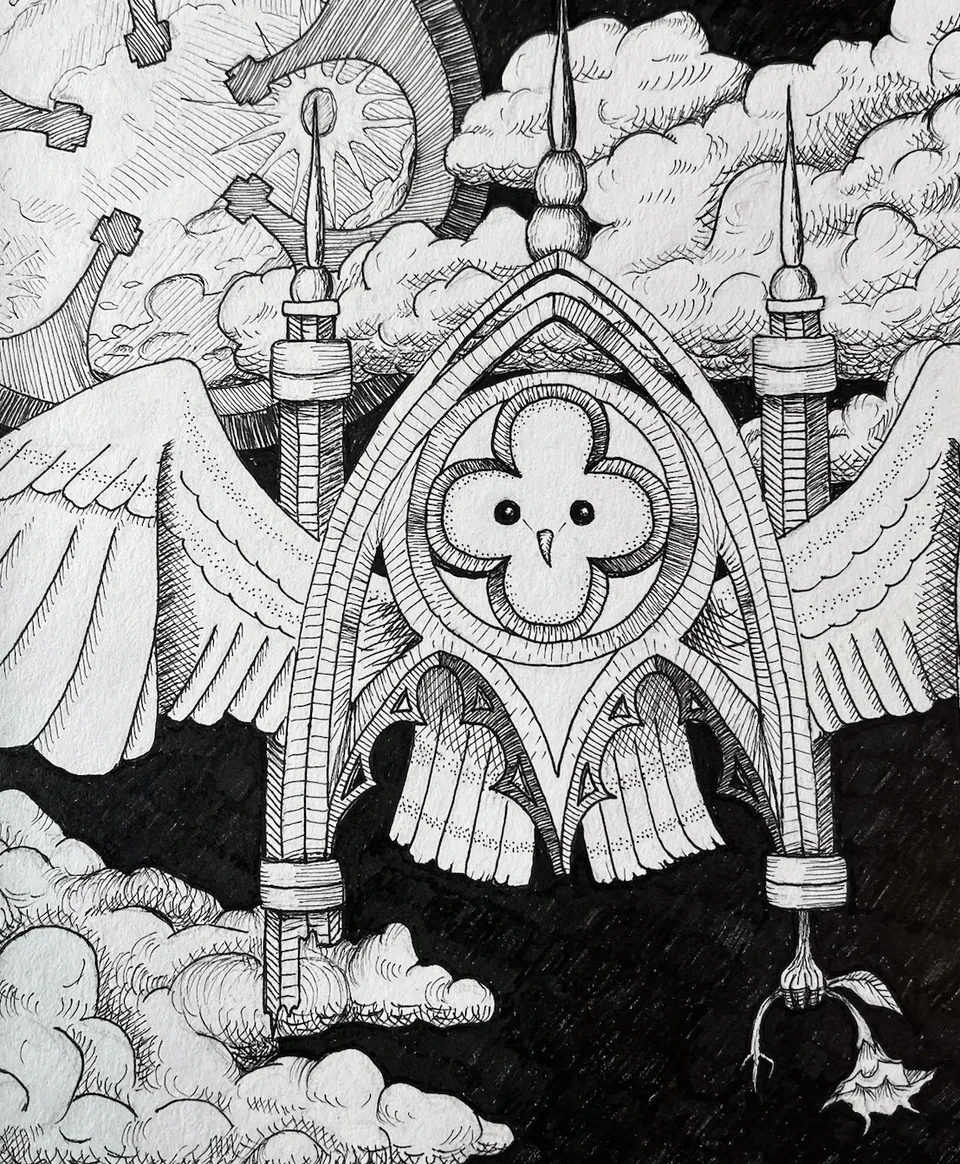 A fine pen drawing of a Gothic arch and stone tracery growing feathered wings, set against a densely cross-hatched dark sky.