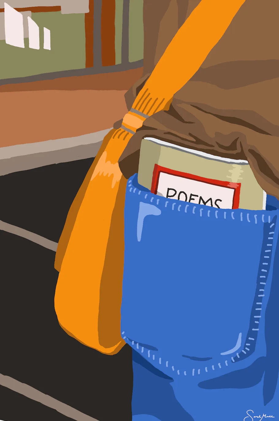 A close view of a blue denim back pocket holding a slim book labelled POEMS, an orange bag strap crossing the frame.