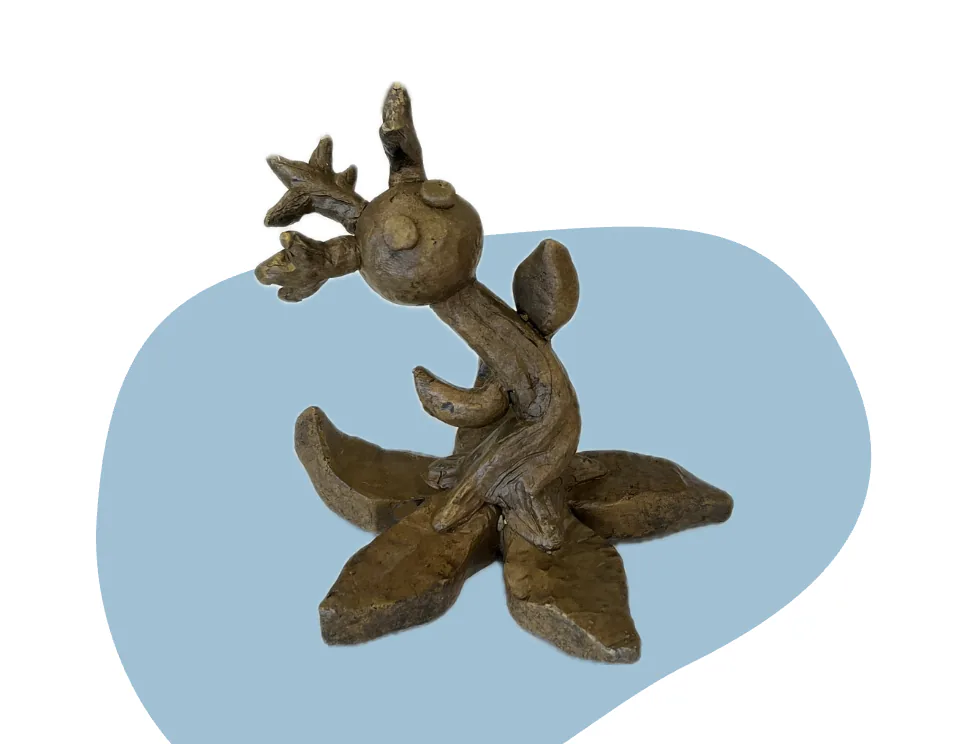 A small bronze sculpture of branching, twisting limbs rising from a flat base, on a pale blue backdrop.
