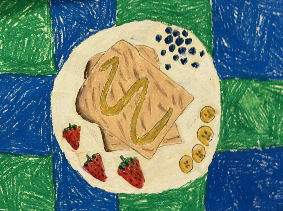 An oil pastel drawing of toast topped with berries on a plate, set on a blue checked cloth.