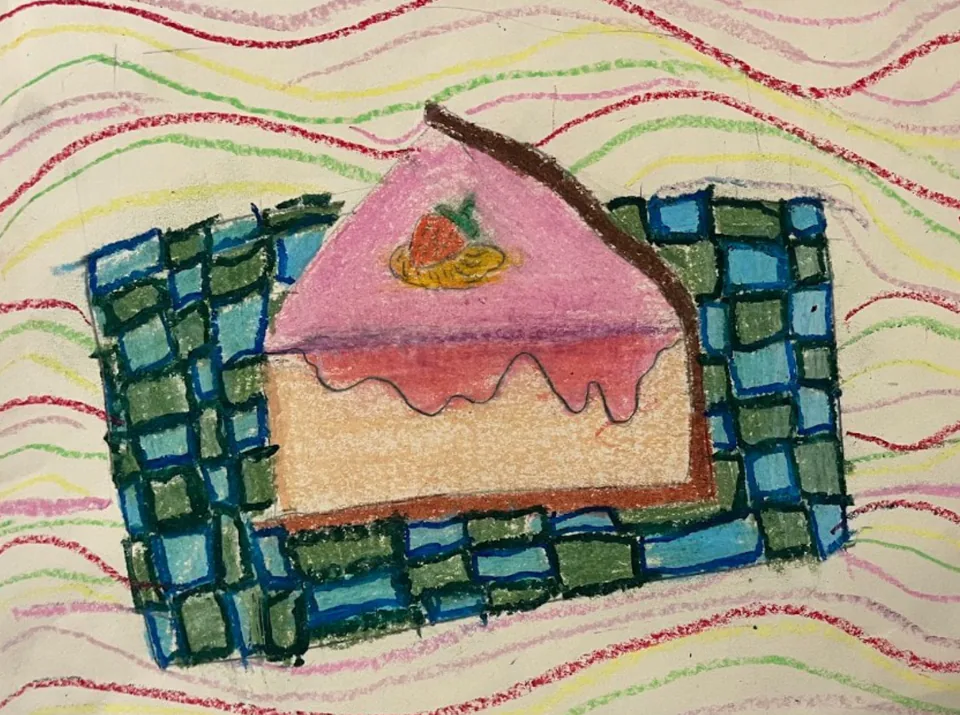 An oil pastel drawing of a slice of layer cake with pink frosting and a cherry, on a patterned plate.
