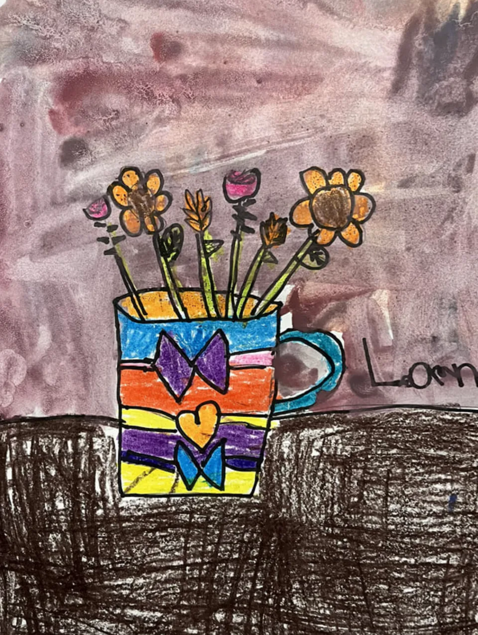 A child’s still life of flowers in a cup, drawn in crayon over a purple and brown painted wash.