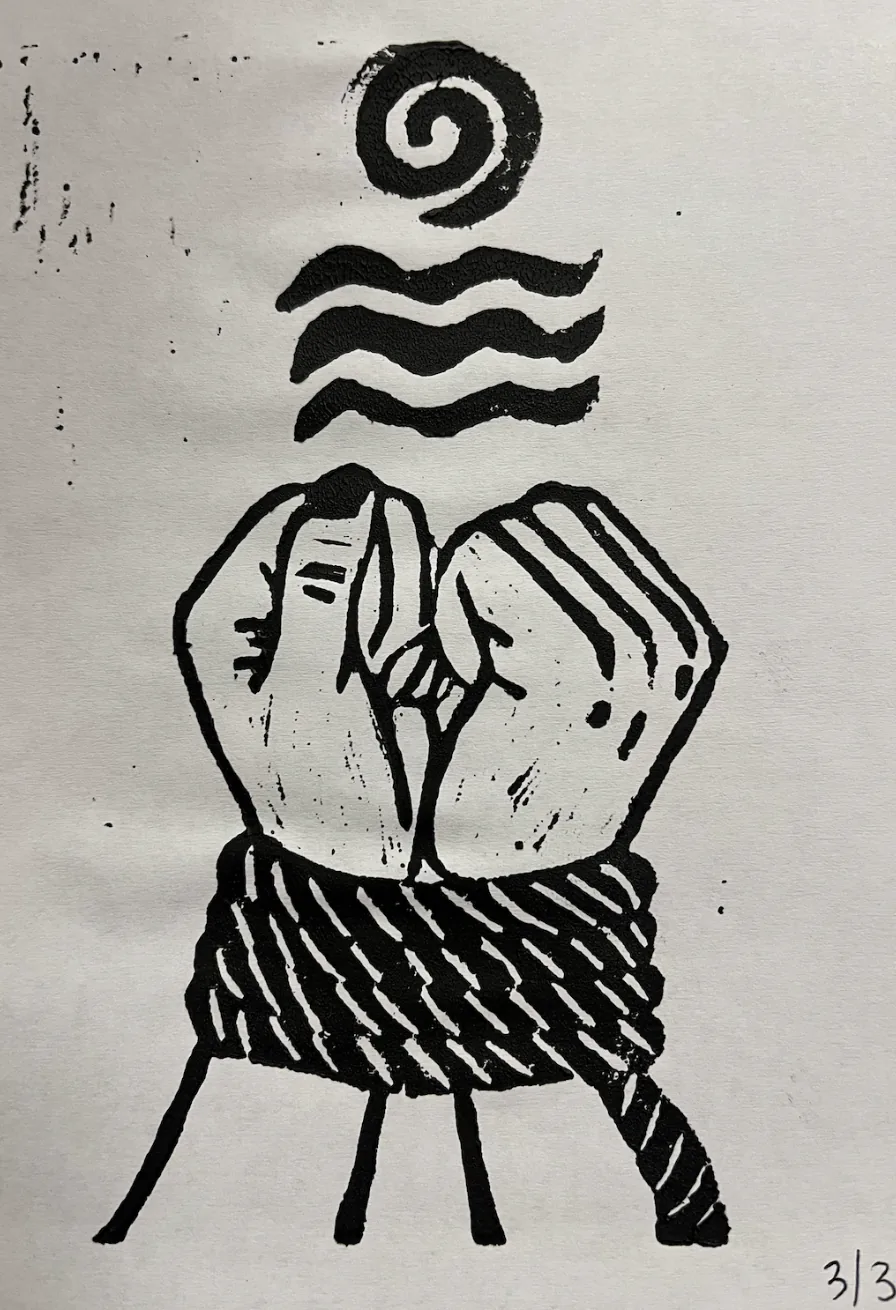 A black-and-white linocut print of a face held between two hands, a spiral turning above the head.