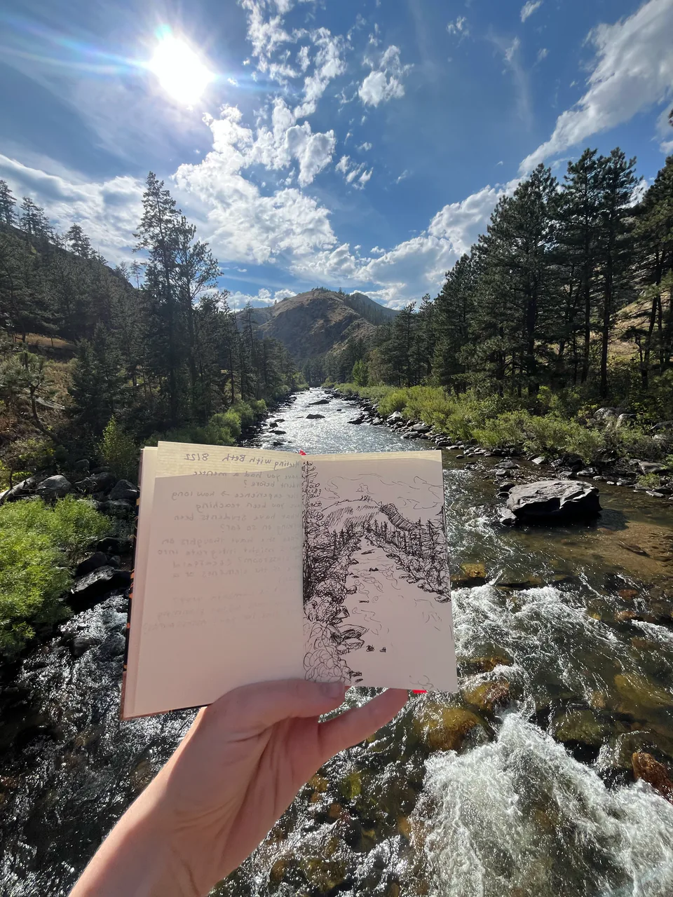 A hand holding an open sketchbook up against the view it holds — a river running through a pine valley.